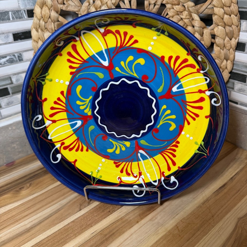 Ceramica El Titi Spain Hand Painted Serving Bowl Blue Yellow Floral Pottery